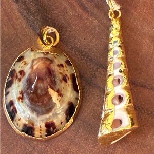 Hand Crafted Gold, Cream and Brown Limpet and Conch Shell Pendant, 2 Piece Set